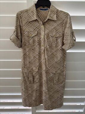 J. McLaughlin Tan Beige Geometric Print Midi Shirt Dress